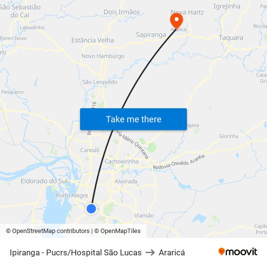 Ipiranga - Pucrs/Hospital São Lucas to Araricá map