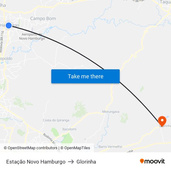 Estação Novo Hamburgo to Glorinha map