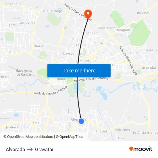 Alvorada to Gravataí map