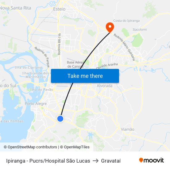 Ipiranga - Pucrs/Hospital São Lucas to Gravataí map