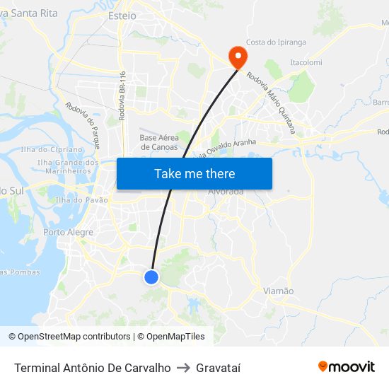 Terminal Antônio De Carvalho to Gravataí map