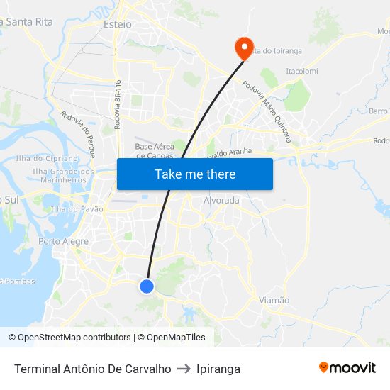 Terminal Antônio De Carvalho to Ipiranga map