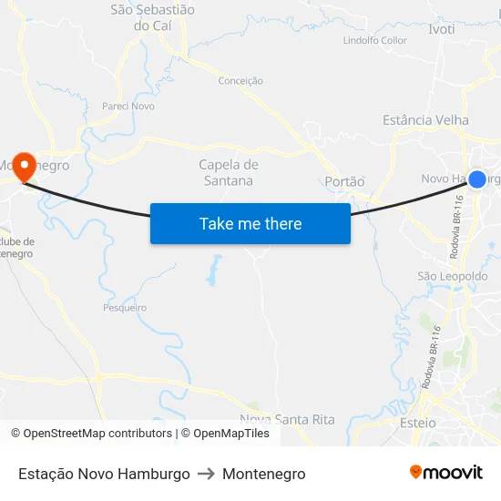 Estação Novo Hamburgo to Montenegro map