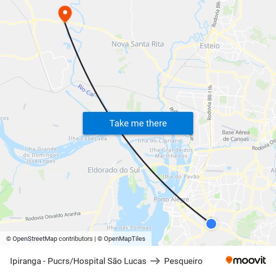 Ipiranga - Pucrs/Hospital São Lucas to Pesqueiro map