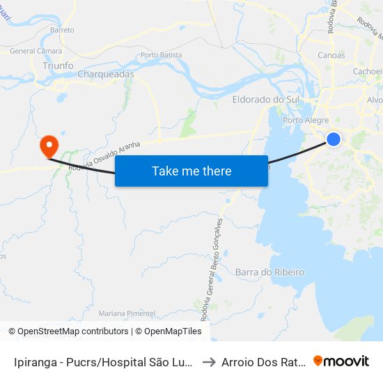 Ipiranga - Pucrs/Hospital São Lucas to Arroio Dos Ratos map