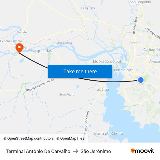 Terminal Antônio De Carvalho to São Jerônimo map