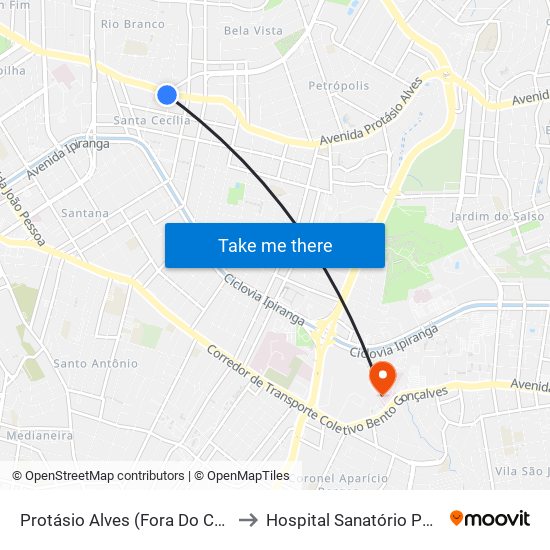 Protásio Alves (Fora Do Corredor) to Hospital Sanatório Partenon map