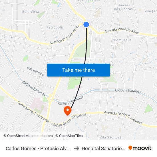 Carlos Gomes - Protásio Alves Sn (Piso 1) to Hospital Sanatório Partenon map