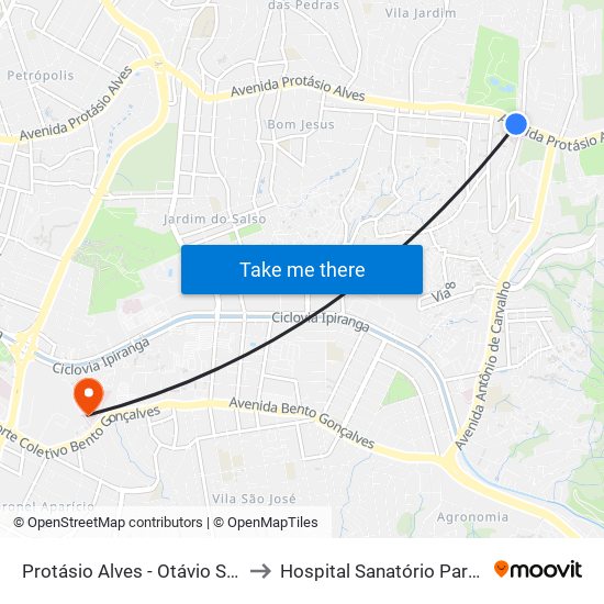 Protásio Alves - Otávio Santos to Hospital Sanatório Partenon map