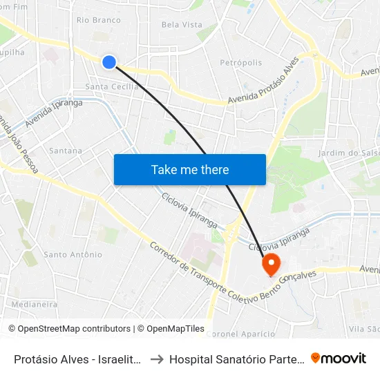 Protásio Alves - Israelita Bc to Hospital Sanatório Partenon map