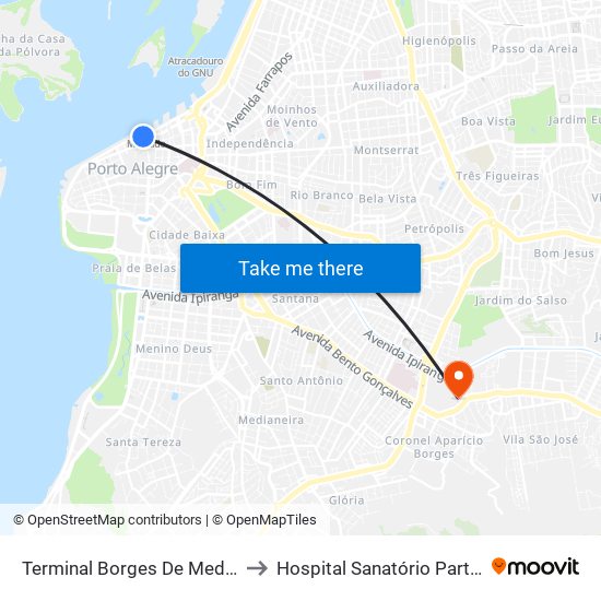 Terminal Borges De Medeiros to Hospital Sanatório Partenon map