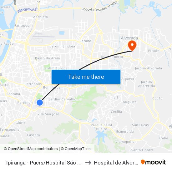 Ipiranga - Pucrs/Hospital São Lucas to Hospital de Alvorada map