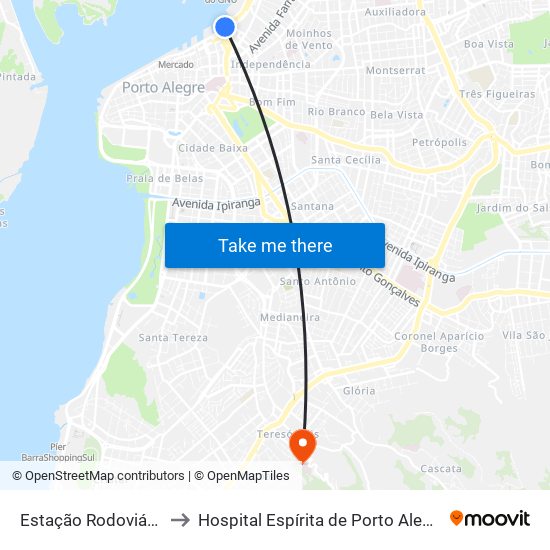 Estação Rodoviária to Hospital Espírita de Porto Alegre map