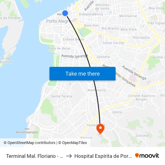 Terminal Mal. Floriano - Mercado to Hospital Espírita de Porto Alegre map