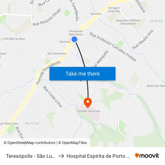 Teresópolis - São Luis Sn to Hospital Espírita de Porto Alegre map