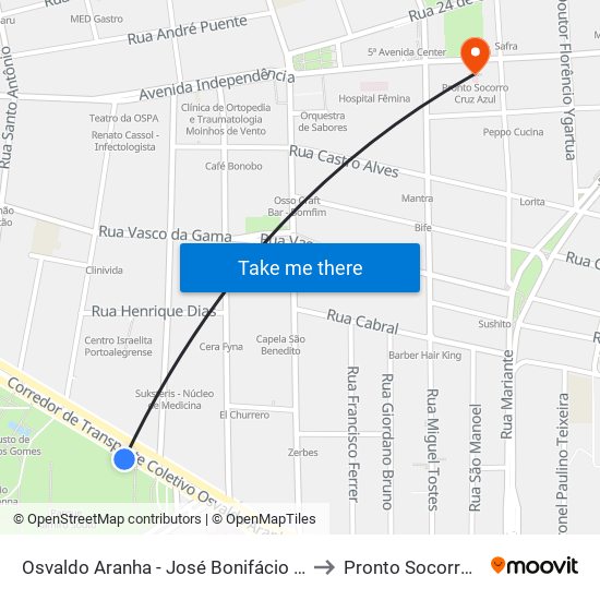 Osvaldo Aranha - José Bonifácio (Fora Do Corredor) to Pronto Socorro Cruz Azul map