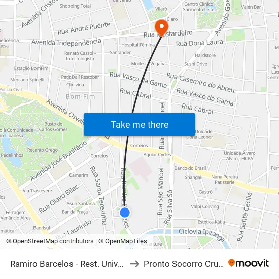 Ramiro Barcelos - Rest. Universitário to Pronto Socorro Cruz Azul map