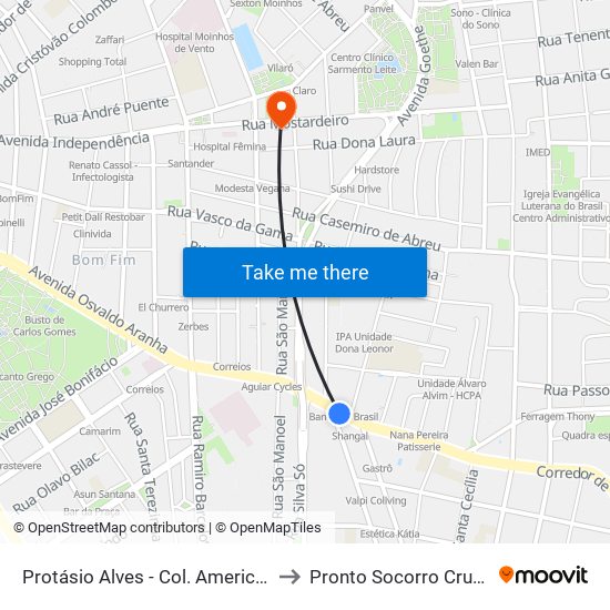 Protásio Alves - Col. Americano Cb to Pronto Socorro Cruz Azul map