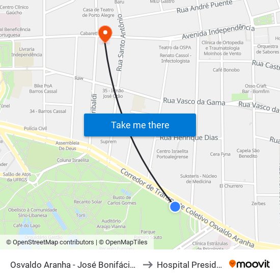 Osvaldo Aranha - José Bonifácio (Fora Do Corredor) to Hospital Presidente Vargas map