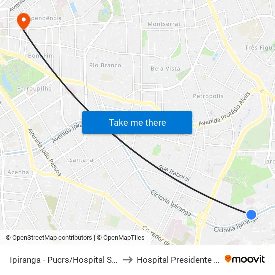 Ipiranga - Pucrs/Hospital São Lucas to Hospital Presidente Vargas map