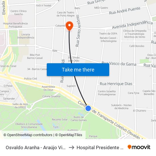 Osvaldo Aranha - Araújo Vianna Cb to Hospital Presidente Vargas map