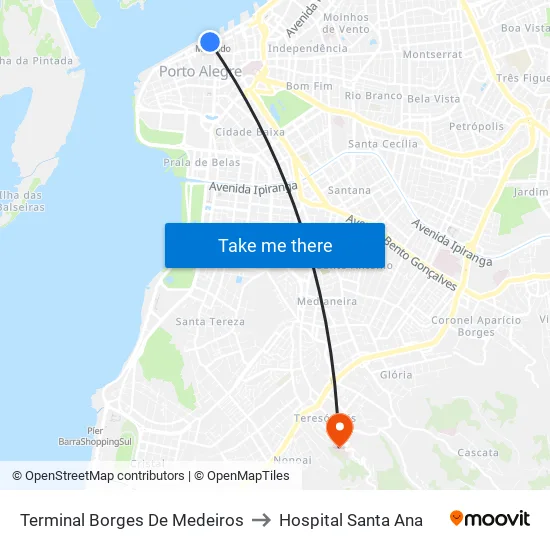 Terminal Borges De Medeiros to Hospital Santa Ana map