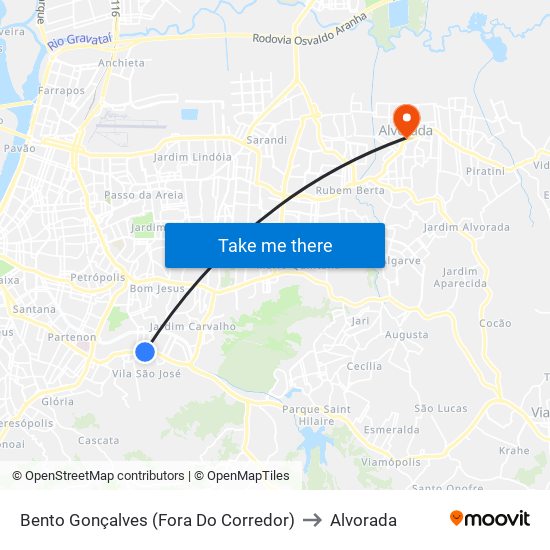 Bento Gonçalves (Fora Do Corredor) to Alvorada map