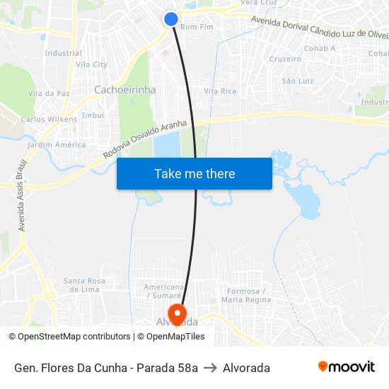 Gen. Flores Da Cunha - Parada 58a to Alvorada map