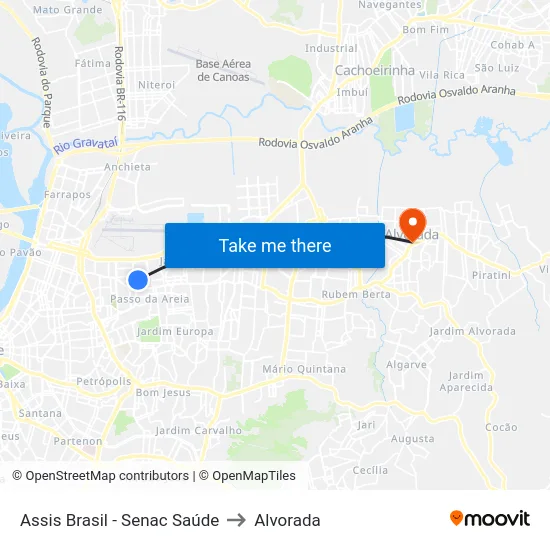 Assis Brasil - Senac Saúde to Alvorada map