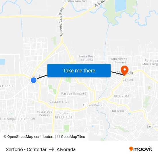 Sertório - Centerlar to Alvorada map