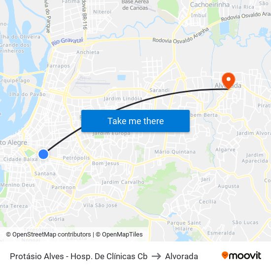 Protásio Alves - Hosp. De Clínicas Cb to Alvorada map