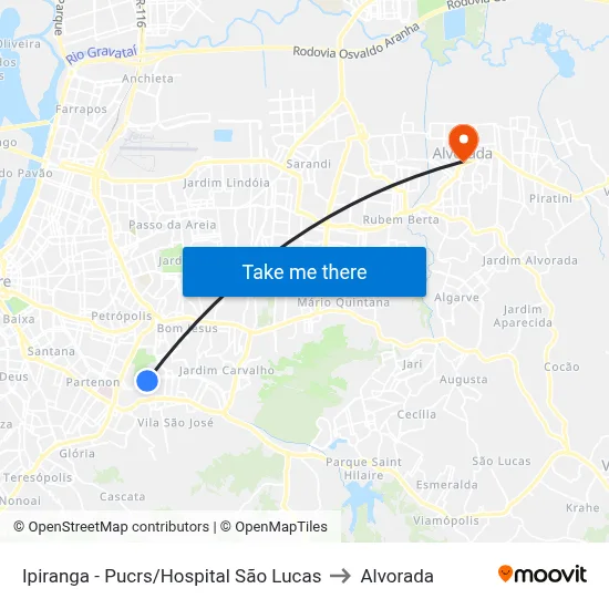 Ipiranga - Pucrs/Hospital São Lucas to Alvorada map