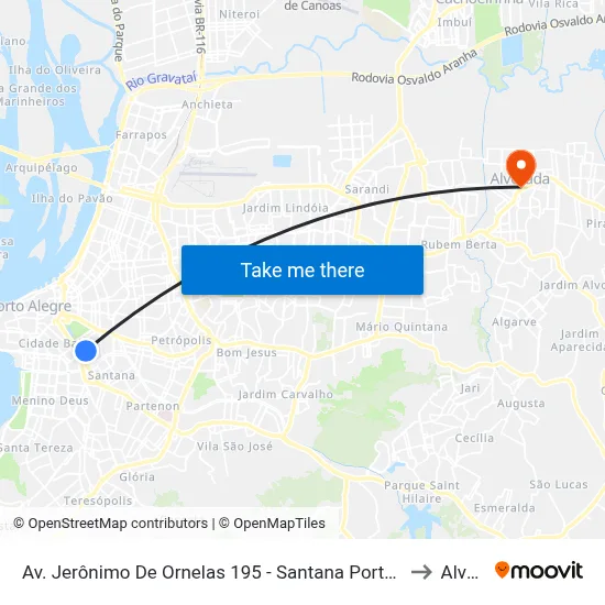 Av. Jerônimo De Ornelas 195 - Santana Porto Alegre - Rs 90040-341 Brasil to Alvorada map