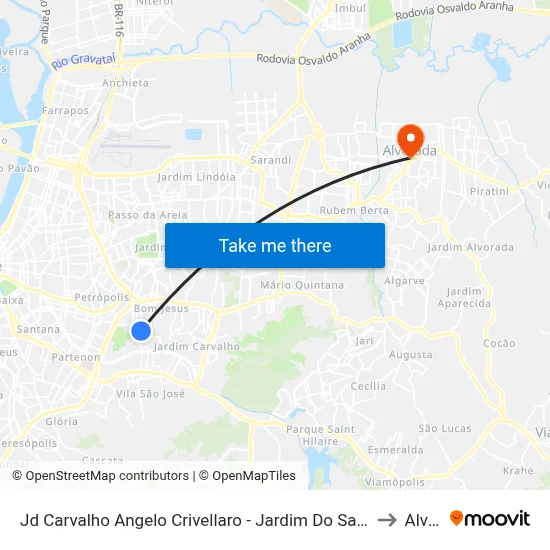 Jd Carvalho Angelo Crivellaro - Jardim Do Salso Porto Alegre - Rs 91410-140 Brasil to Alvorada map