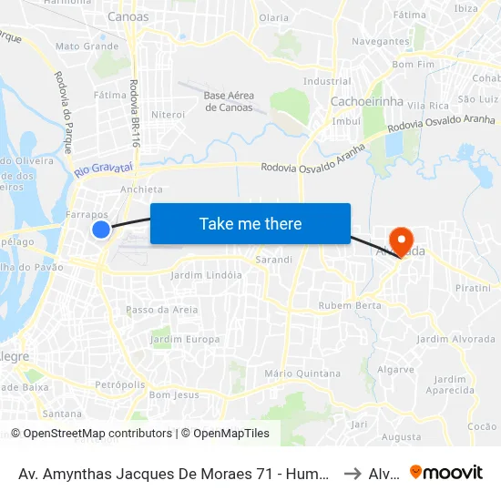 Av. Amynthas Jacques De Moraes 71 - Humaitá Porto Alegre - Rs 90245-050 Brasil to Alvorada map