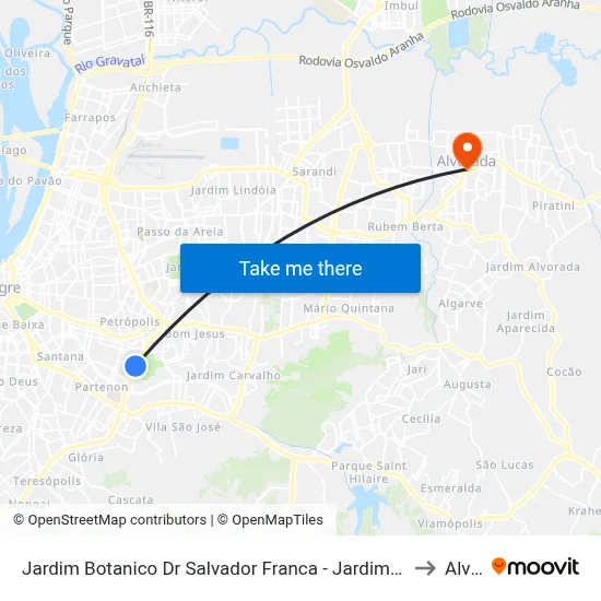 Jardim Botanico Dr Salvador Franca - Jardim Botânico Porto Alegre - Rs 90450-190 Brasil to Alvorada map