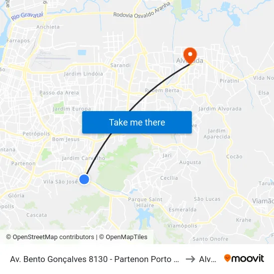 Av. Bento Gonçalves 8130 - Partenon Porto Alegre - Rs 90650-002 Brasil to Alvorada map