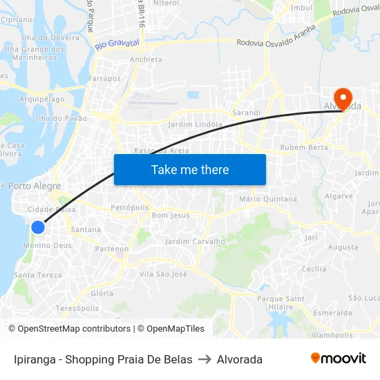 Ipiranga - Shopping Praia De Belas to Alvorada map