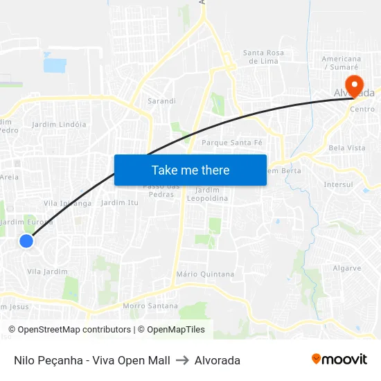 Nilo Peçanha - Viva Open Mall to Alvorada map