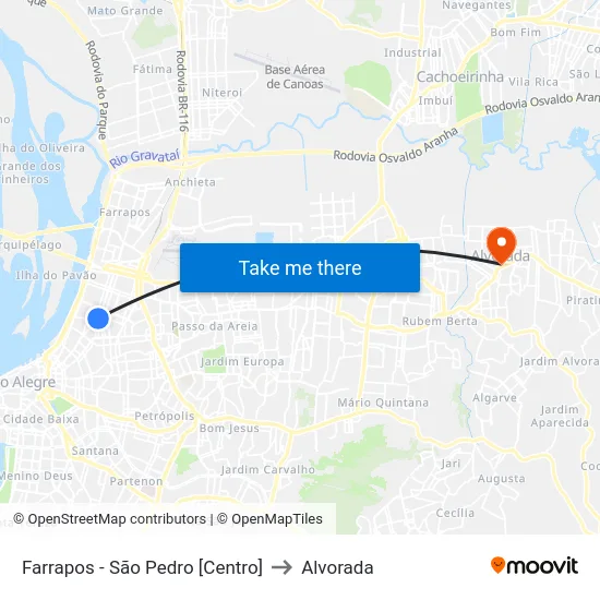 Farrapos - São Pedro [Centro] to Alvorada map