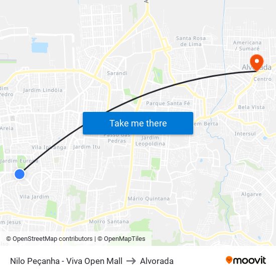 Nilo Peçanha - Viva Open Mall to Alvorada map