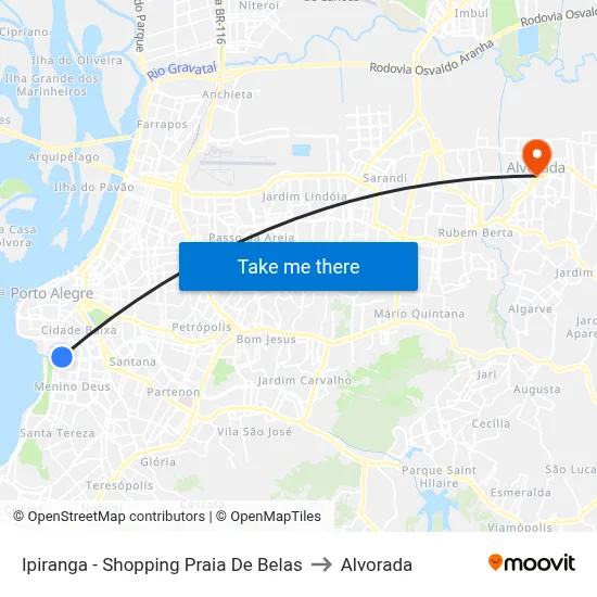 Ipiranga - Shopping Praia De Belas to Alvorada map