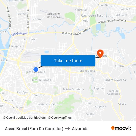 Assis Brasil (Fora Do Corredor) to Alvorada map