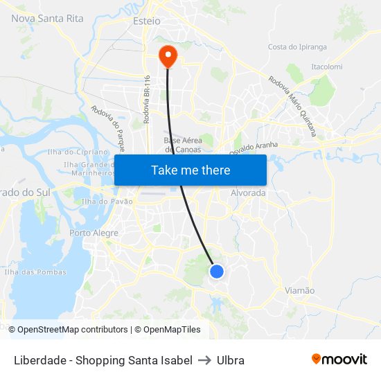 Liberdade - Shopping Santa Isabel to Ulbra map