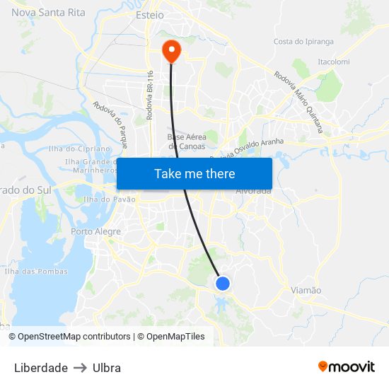 Liberdade to Ulbra map