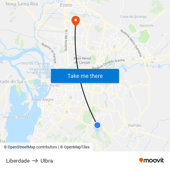 Liberdade to Ulbra map