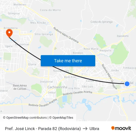 Pref. José Linck - Parada 82 (Rodoviária) to Ulbra map