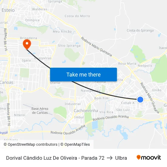 Dorival Cândido Luz De Oliveira - Parada 72 to Ulbra map