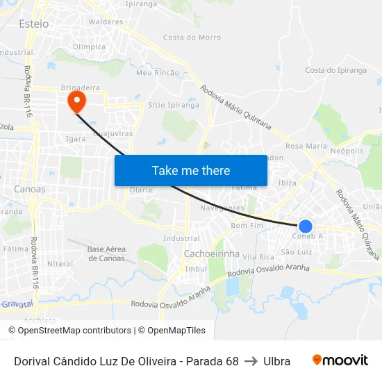 Dorival Cândido Luz De Oliveira - Parada 68 to Ulbra map