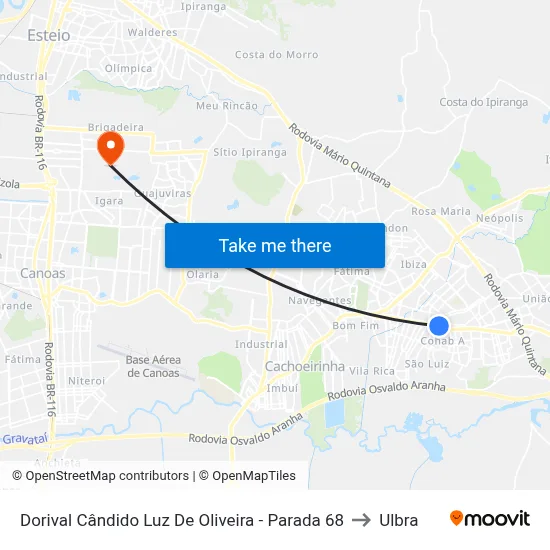 Dorival Cândido Luz De Oliveira - Parada 68 to Ulbra map